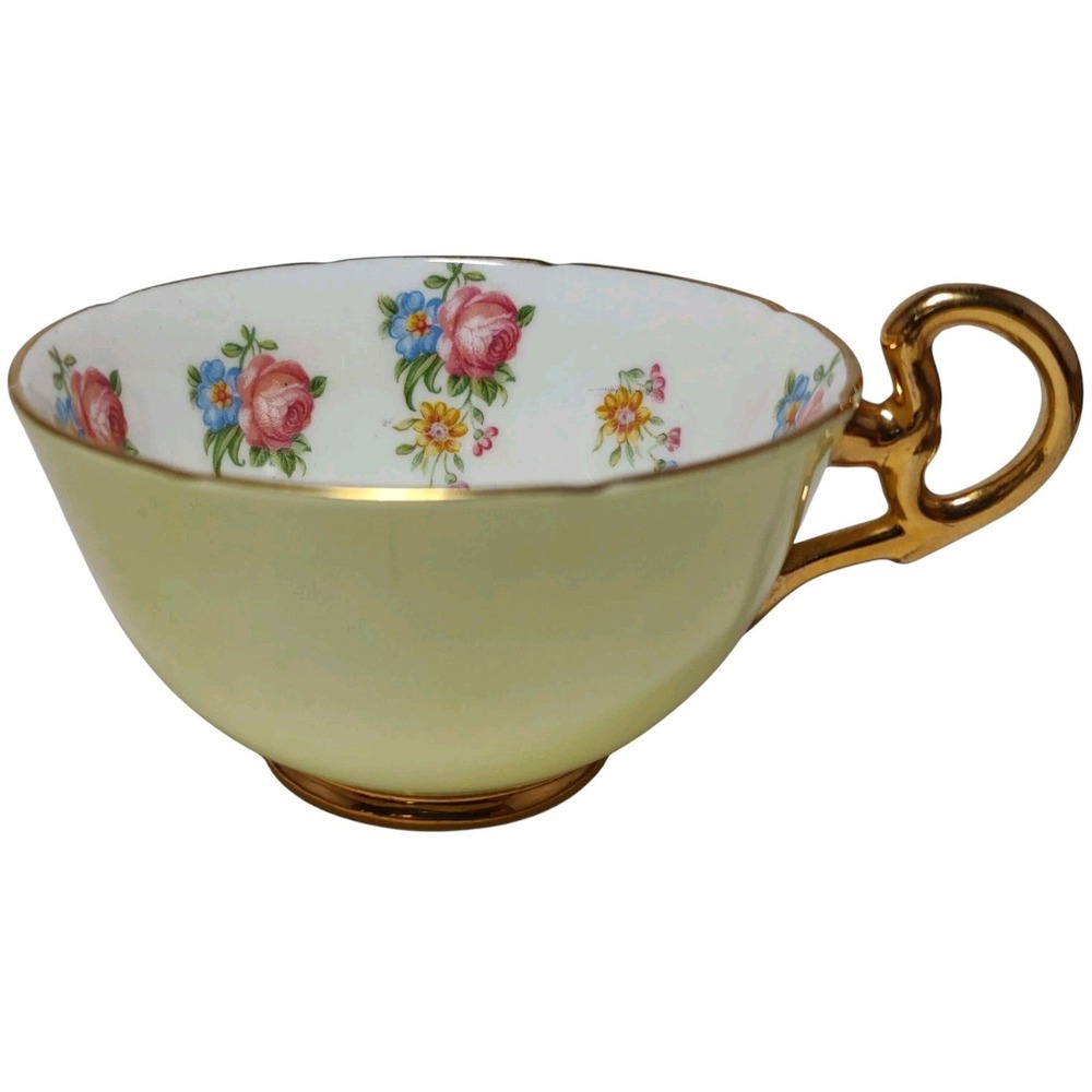 Vintage Royal Grafton‎ Teacup Bone China Yellow with Roses Inside and Gold Trim